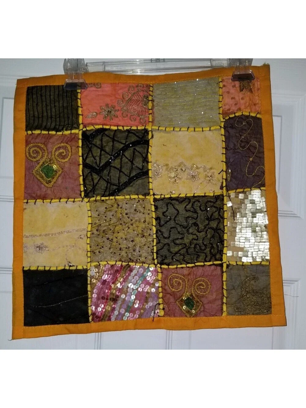 HAND BEADED EMBELLISHED INDIA WALL ART TAPESTRY PATCHWORK SQUARE 16